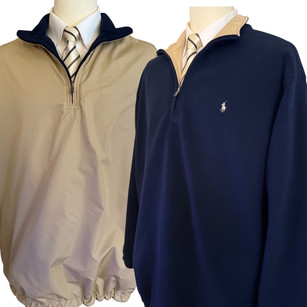 Ralph Lauren Polo Golf Reversible Pullover Jacket Men XL Beige/Blue Fleece-Lined